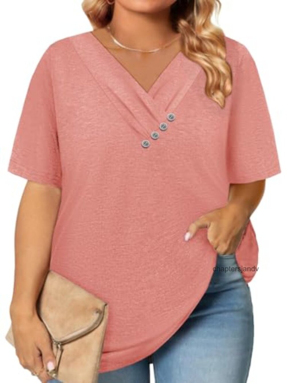 Plus Size Summer Top Women Short Sleeve V Neck Button Down Tunic Shirt